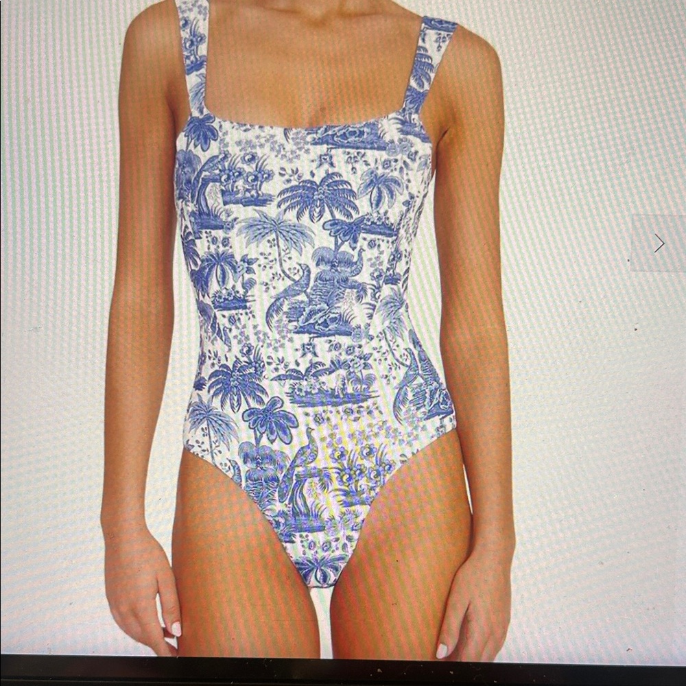 STAUD Blue and White Printed One-Piece Swimsuit
